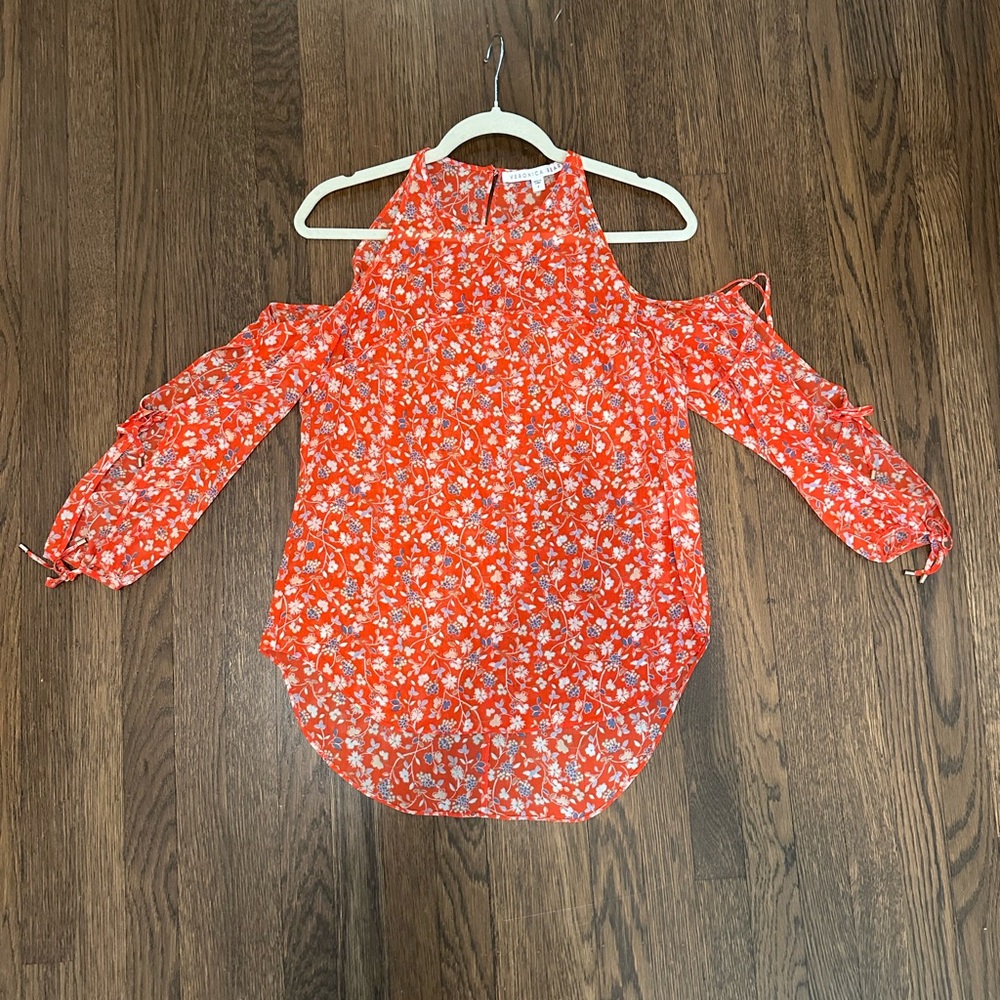 Veronica Beard Coral Floral Cold-Shoulder Blouse